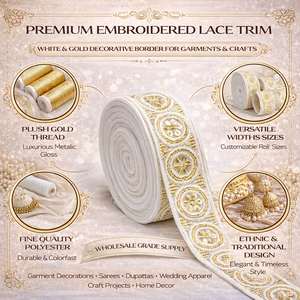 Bordure décorative en dentelle brodée de qualité supérieure, fil blanc doré, pour vêtements, saris, artisanat, vêtements de mariage - Product Image 6