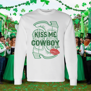 T-shirt à manches longues Kiss Me Cowboy I'm Irish, motif botte verte, pour la Saint-Patrick, unisexe, col rond, adulte - Product Image 3