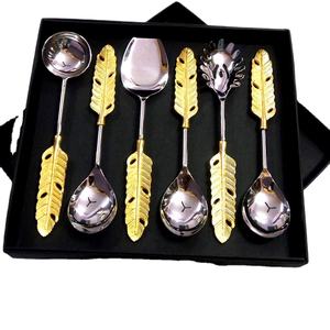 Serving <b>Utensils</b> <b>Set</b> Silver Mirror Polished with Gold Leaf Handle in a Gift Box Stainless Steel Serving <b>Utensil</b> <b>Set</b> Top Seller - Product Image 1