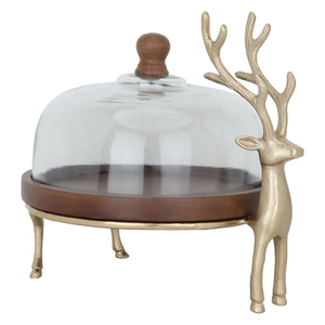 Maison de luxe & Restaurant Décoration de haute qualité Plaque arrondie en bois Support à gâteau avec base de branche et cloche en verre - Product Image 1