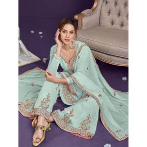 Traje Sharara de Fiesta en Georgette Color Verde Azulado para Mujer, Conjunto de Traje con Delicado Trabajo de Hilo - Product Image 4