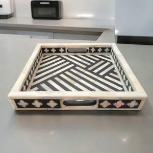 Plateau décoratif en incrustation d'os avec motifs floraux Plateau de service en incrustation d'os Occasion de Noël - Product Image 1