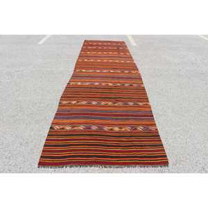 Turkish Rug, 4x13.5 ft <b>Runner</b> Rug, <b>Red</b> Blue Kilim Wool Rug - Product Image 1