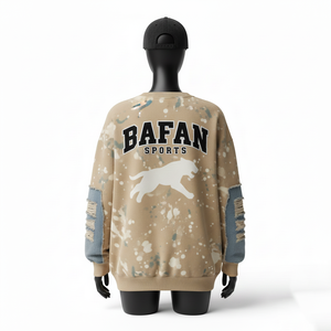 Sweat-shirt pour femme en coton lourd et polaire polyester, beige, lavage à la peinture, manches à panneaux, logo imprimé, sweat-shirts respirants pour femme - Product Image 2