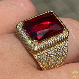 Luxurious Lab Grown Gold-Plated Bold Men's Ring with Large Rectangular Red Gemstone and Sparkling <b>Clear</b> Accent Stones - Product Image 6