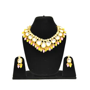 Ensemble de collier vintage jaune rose Kundan pour femmes, plaqué or, avec perles et diamants, pour cadeau de mariage, bijoux fins pour mariée - Product Image 1