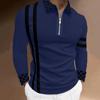 T-shirt respirant pour homme, coupe ajustée, manches longues, motif rayé et col à carreaux, style streetwear, en polyester tricoté