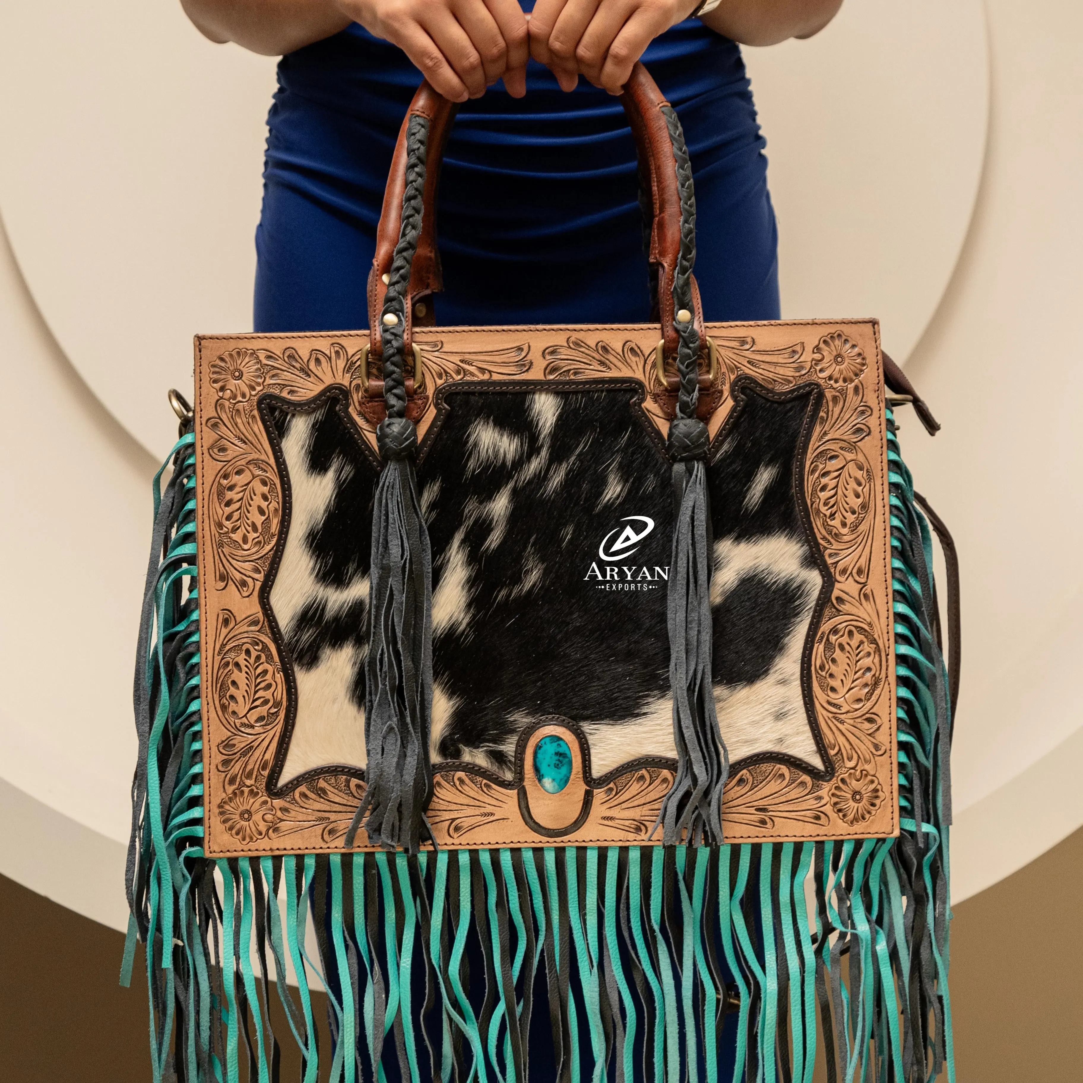 Baru rambut bertatahkan pada kulit asli wanita tas Tote dengan batu pirus kulit sapi pinggiran mode Barat tersembunyi membawa dompet