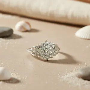 Women's Silver Cluster <b>Ring</b> with Gemstones <b>Gold</b>-Plated <b>Vintage</b> Religious Geometric Design Inlaid Number Shape - Product Image 2