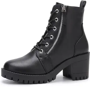 New Arrival Trending Women's Fashion Chunky Heel Ankle Boots Lug Sole Lace Up Boot Ladies Side Zip Round Toe Anti-Slip Booties