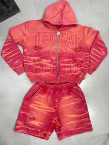 Conjunto de chaqueta y pantalones cortos personalizados con cremallera, chándales Vintage con cremallera y lavado ácido, Conjunto de sudadera con capucha y pantalón corto con cremallera DTG con diamantes de imitación - Product Image 6