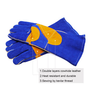 Gants de soudage en cuir bleu Premium Double paume Gants de soudage en cuir fendu Longs gants de soudeur bleus avec fonction anti-chaleur - Product Image 4
