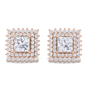 Boucles d'oreilles clous en diamant taille princesse 1,58 carat avec double halo, en or jaune, blanc et rose 14K plaqué rhodium, à visser - Product Image 5