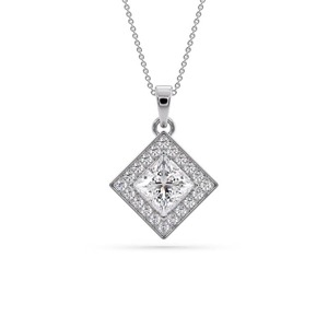 Elegante colgante de diamante con corte princesa y halo simple de 0.50 ct, diamante cultivado en laboratorio en platino para fiesta de compromiso. - Product Image 1