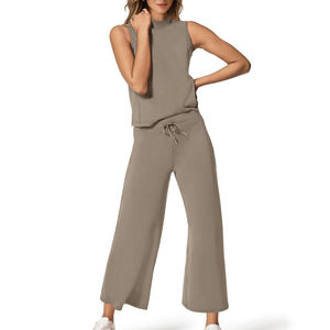Women’s Two Piece Lounge Set Sleeveless Mock Neck Top Wide Leg Pants Casual Matching Set Soft Knit Athleisure <b>Tracksuit</b> Suit - Product Image 4