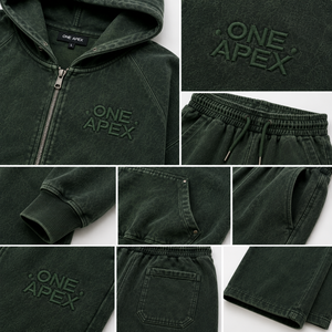 ONE APEX Breathable Vintage Forest Green <b>Zip</b> Hoodie Sweatpants Men's Regular Fit Wide Leg Fleece Winter Washed Cotton Casual - Product Image 5