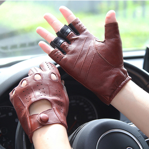 Demi-doigt en cuir véritable hommes gants été conduite respirant résistant à l'usure combat sans doigts gants en peau de mouton mâle - Product Image 5