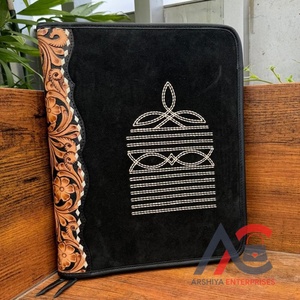 Customize <b>A4</b> Boot Stitch Hand Tooled Suede Leather Business <b>Portfolio</b> <b>Folder</b> Document Case Organizer Zipper File Padfolio <b>Folder</b> - Product Image 1