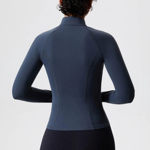 <b>Women's</b> Full Sleeve Zip-Up Yoga <b>Top</b> Solid <b>Navy</b> Blue Turtleneck Active Stretch Sport Wear Regular Fit - Product Image 2