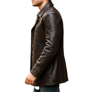 เสื้อโค้ทหนังแกะแท้สไตล์วินเทจสำหรับผู้ชาย แบบกระดุมสองแถว สีน้ำตาล เสื้อแจ็คเก็ตหนังยาว ขายส่ง - Product Image 2