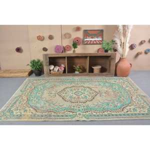 Vintage Turkish <b>Rug</b> 5.6 X 8.8ft Blue Beige Wool Abstract Pattern Tabriz Style for Entryway 9x12 Rectangle <b>Hallway</b> Design Latex - Product Image 1