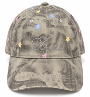 Casquette de baseball camouflage vintage en coton délavé, 6 panneaux, imprimé étoile strass, visière incurvée, ajustable, streetwear, pour femme, extérieur