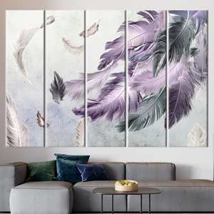 Impression sur toile moderne avec plumes violettes et grises, décoration murale aux tons doux, 5P:Gallery Wrapped - Product Image 1