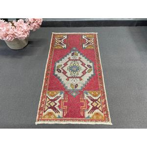 Vintage Turkish Rug Small 1.7x3.2 ft (52x98 Cm) Eco Friendly <b>Red</b> Patchwork <b>Wool</b> Rug with Latex Backing - Product Image 3