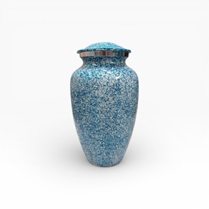 Urna Funeraria de Granito Azul Moteado con Acabado Pulido y Borde Plateado para Exhibición Conmemorativa - Product Image 1