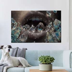 ภาพพิมพ์บนผ้าใบลายริมฝีปากเพชรหรูหรา - ดีไซน์พิมพ์ลายเพื่อการตกแต่งห้องสวยหรู,1P:Gallery Wrapped - Product Image 1