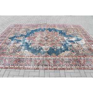 Tapis turc 8,2 x 11 pieds, tapis bleu à carreaux en laine - Product Image 3