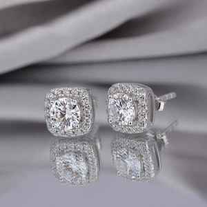 Boucles d'oreilles carrées élégantes en argent sterling 925 avec moissanite taille ronde, motif floral, halo, pour femmes, bijoux fins de promesse - Product Image 4