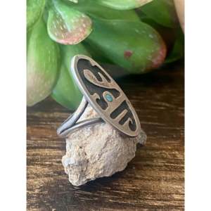 Vintage Navajo Made Turquoise & Sterling <b>Silver</b> <b>Statement</b> <b>Ring</b> Geometric Design Vermeil Rhodium Plating Size 5.5 Everyday Wear - Product Image 3