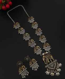 Trendy <b>Elephant</b> Dual Tone <b>Necklace</b> Earring Set Premium Quality Brass Customizable Inlay for Weddings Parties Engagements - Product Image 1