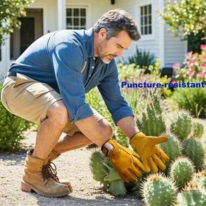 Guantes de trabajo de cuero: guantes gruesos de piel de vaca ideales para conducir, cortar madera, trabajar en el jardín, resistentes a perforaciones, correa ajustable - Product Image 4