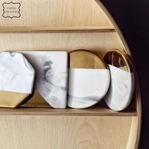 Juego de posavasos hechos a mano de oro blanco, posavasos de mármol de cerámica de estilo clásico personalizado con parte posterior de corcho para uso doméstico - Product Image 5