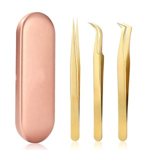 Ensemble de pinces à cils en acier inoxydable plaqué or, droites et en forme de L, pour extensions de cils, avec étui de rangement - Product Image 1