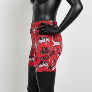 Shorts pour femme en polyester et élasthanne doux, imprimé streetwear rouge, coupe ajustée, tissu respirant, logo sublimé. - Product Image 5