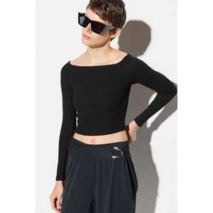 Top Corto de Cuello Cuadrado en Tela Twill Negra Lisa - Product Image 2