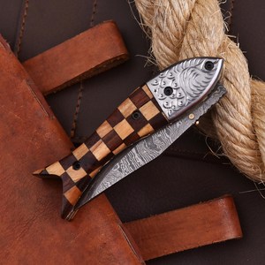 Cupper Damascus Steel Folding <b>Knife</b> <b>Fish</b> Shape Pocket <b>Knife</b> Wooden handle steel engraved booster liner lock - Product Image 2