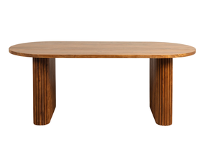 Table à manger ovale moderne en bois d'acacia massif, bords arrondis, motif de lignes, piédestal en bois, finition noyer brun, 6 places - Product Image 4