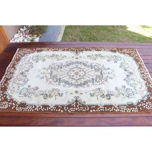 3.9x6.6 ft Vintage Turkish Rug, Area Rug, <b>Brown</b> White Southwestern <b>Wool</b> Rug - Product Image 3