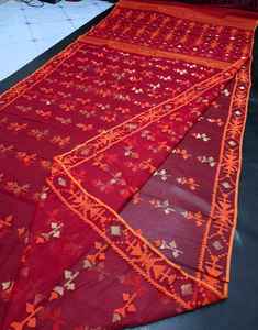 Sari Dhakai Jamdani de Algodón de Alta Calidad a Precio Económico para Mujer, Largo hasta la Pantorrilla, para Ocasiones Especiales, en Colores Rojo y Dorado - Product Image 5