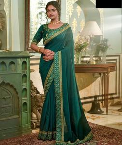 Vêtements ethniques indiens vêtements ethniques Vichitra soie Saree avec Blouse en soie Banglory pièces et broderie travail bordure en dentelle avec Blouse - Product Image 1