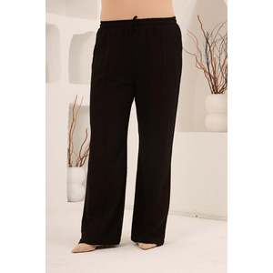 Women's Plus Size <b>Linen</b> <b>Trousers</b>, <b>Wide</b> <b>Leg</b>, Elastic Waistband, Black - Product Image 3