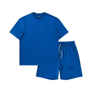 2 Pieces Men Summer Eco-Friendly 100% Cotton Acid Wash Seamless Fusing Silk Screen Printed Crew Neck Streetwear Sportswear Sets - Product Image 2