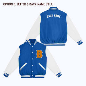 Chaqueta clásica de béisbol para hombre con logotipo personalizado y bordado en la espalda, chaqueta universitaria con mangas blancas y Letras en azul marino - Product Image 3
