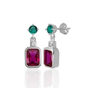 Pendientes de Plata de Ley 925 con Diamantes en Colores Esmeralda y Rubí, Recién Llegados de Turquía - Product Image 1
