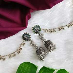 Efulgenz Indian Wholesaler Jewellery Oxidized Peacock <b>Jhumka</b> Jhumki Dangle <b>Earrings</b> Set with Ear Chain Jewelry for Women - Product Image 2