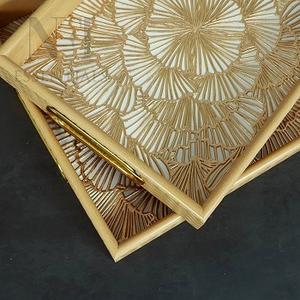 Best Quality Custom Walnut Wood Coffee Refreshment Wooden Serving Tray Set With Metal Handles with <b>Enamel</b> Printed Serving Tray - Product Image 5